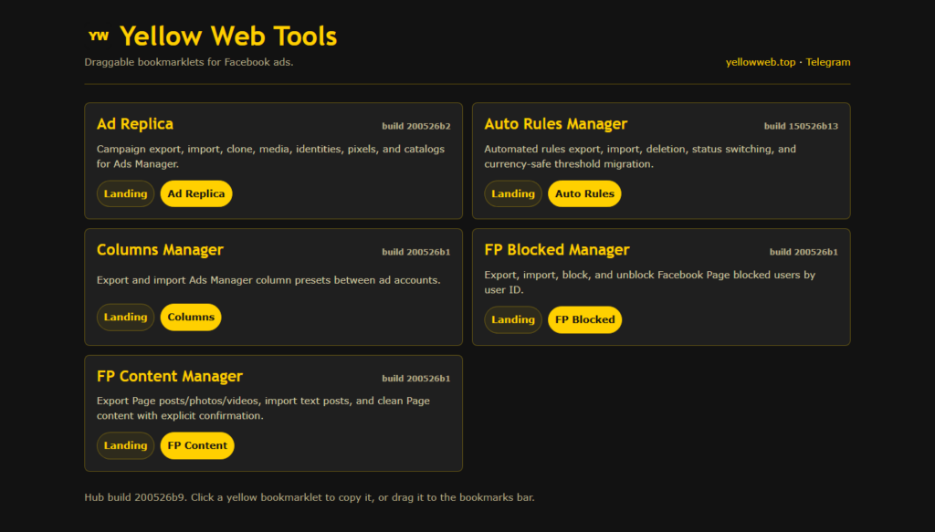 Yellow Web Tools - хаб скриптов-закладок для Facebook Ads