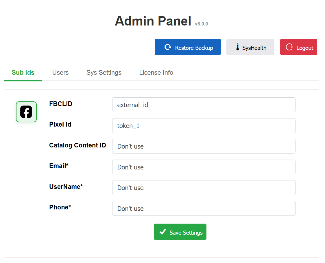 Настройки Sub Ids в админке PixelLink