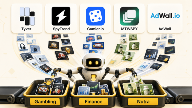 AI-агент сортирует креативы из Tyver, SpyTrend, Gamler.io, MTWSPY и AdWall по вертикалям Gambling, Finance и Nutra